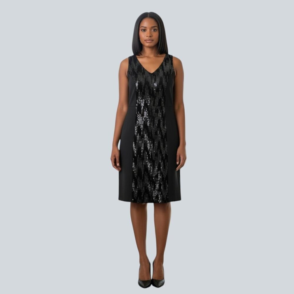 Lane Bryant Women's Black Sequin Front V Neck Sleeveless Sheath Dress Plus Sz 16